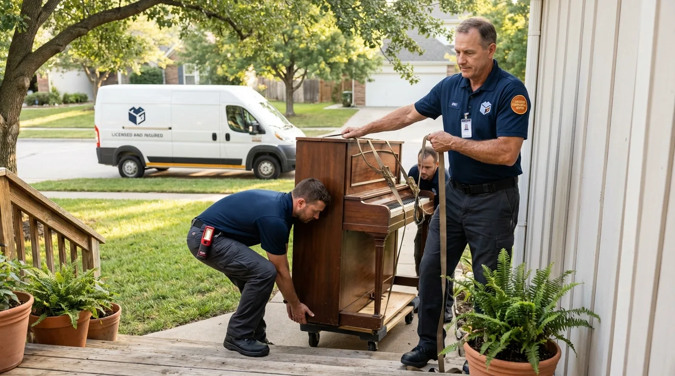 Licensed piano movers securing grand piano in Terryville, CT