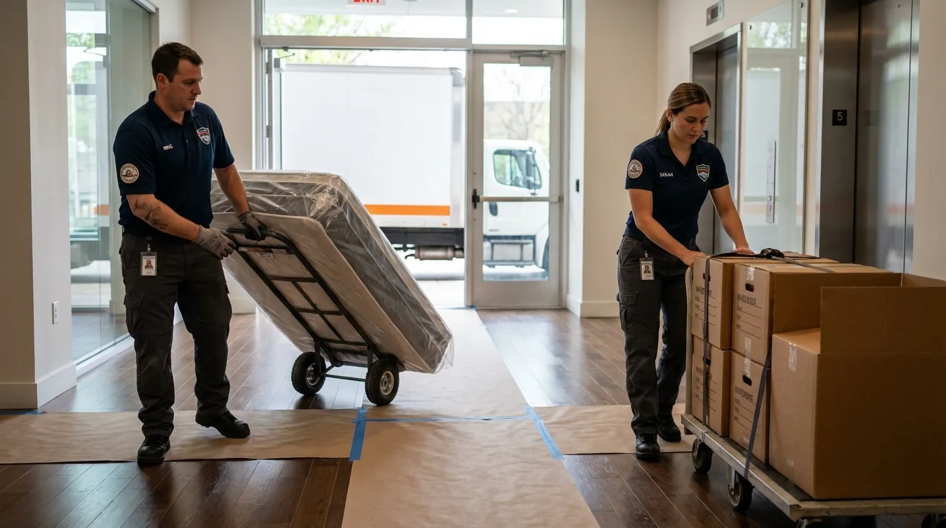 Professional apartment movers loading elevator in Terryville, CT