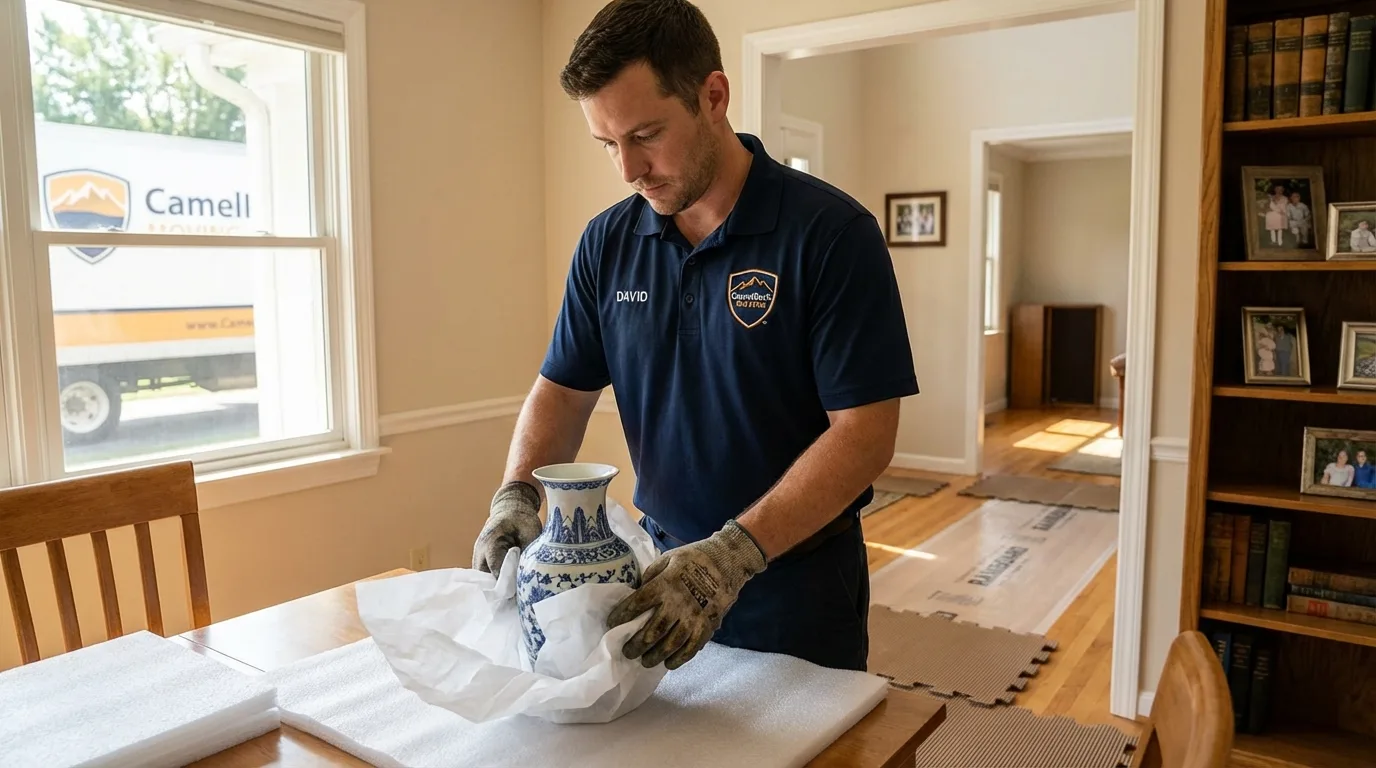 Professional crew carefully wrapping antique vase for senior downsizing move in Terryville, CT